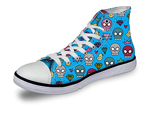Women Lady Red Hi Top Canvas Shoes Cute Skull Lace Up Walking Trainers Pumps Blue CA4735AK UK 2/EU35