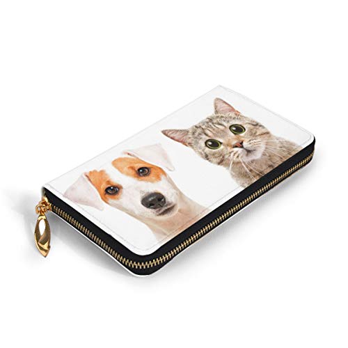 Women's Long Leather Card Holder Purse Zipper Buckle Elegant Clutch Wallet, Close Up Portraits of Jack Russell Terrier Dog and Scottish Straight Cat Photo,Sleek and Slim Travel Purse