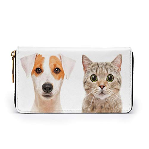 Women's Long Leather Card Holder Purse Zipper Buckle Elegant Clutch Wallet, Close Up Portraits of Jack Russell Terrier Dog and Scottish Straight Cat Photo,Sleek and Slim Travel Purse