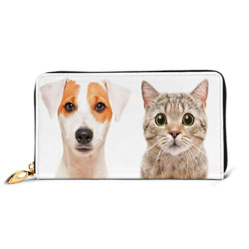 Women's Long Leather Card Holder Purse Zipper Buckle Elegant Clutch Wallet, Close Up Portraits of Jack Russell Terrier Dog and Scottish Straight Cat Photo,Sleek and Slim Travel Purse