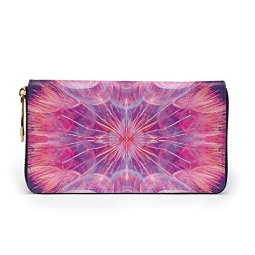 Women's Long Leather Card Holder Purse Zipper Buckle Elegant Clutch Wallet, Extreme Close Up Dandelion Flower Abstract Vivid Dreamy Magical Nature,Sleek and Slim Travel Purse
