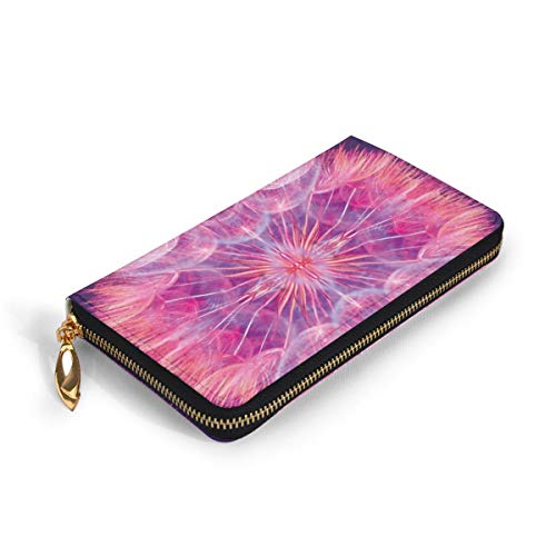 Women's Long Leather Card Holder Purse Zipper Buckle Elegant Clutch Wallet, Extreme Close Up Dandelion Flower Abstract Vivid Dreamy Magical Nature,Sleek and Slim Travel Purse