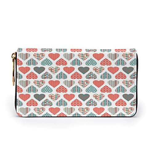 Women's Long Leather Card Holder Purse Zipper Buckle Elegant Clutch Wallet, Retro Up and Down Hearts with Stripes Waves and Checkered Patterns Love,Sleek and Slim Travel Purse