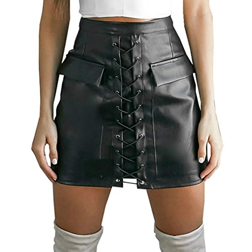 WONDER BEAUTY Mujer Faux Cuero PVC Wetlook Látex Minifalda Cintura Alta Una Línea Corto Ante Mini Falda