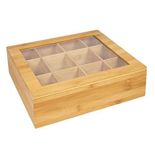 WoodLuv. Caja organizadora de bolsas de té con un almacenaje de 12 compartimentos - Hecho de bambú sostenible