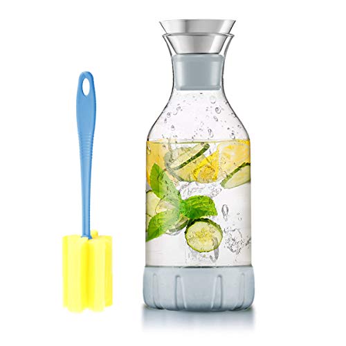 WOQO Jarras de Cristal, jarra de vidrio para jugo caliente / frío, té, leche y café, con elegante posavasos y cepillo de silicona, jarra de agua de vidrio (60 oz / 1.7L)