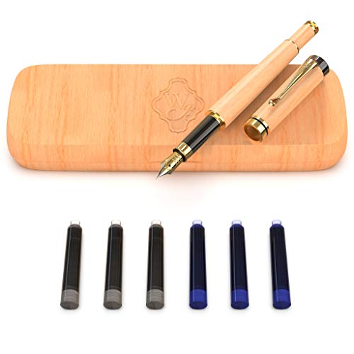 Wordsworth and Black's Pluma de caligrafía - Pluma estilográfica de madera de bambú - Convertidor de tinta recargable - escribir en diario, dibujar (madera de arce, estuche [punta mediana])