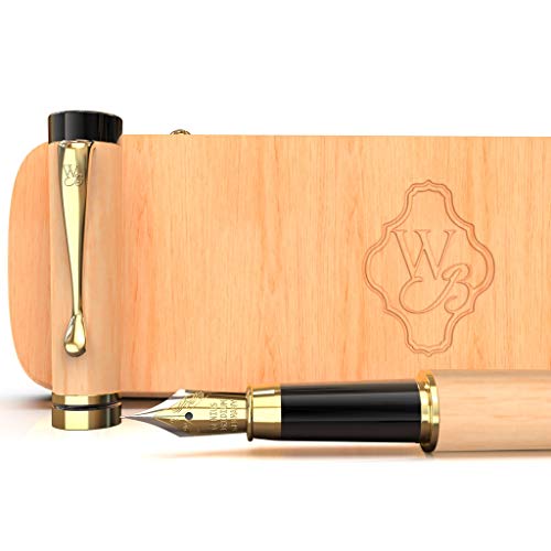 Wordsworth and Black's Pluma de caligrafía - Pluma estilográfica de madera de bambú - Convertidor de tinta recargable - escribir en diario, dibujar (madera de arce, estuche [punta mediana])