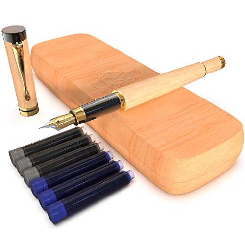 Wordsworth and Black's Pluma de caligrafía - Pluma estilográfica de madera de bambú - Convertidor de tinta recargable - escribir en diario, dibujar (madera de arce, estuche [punta mediana])