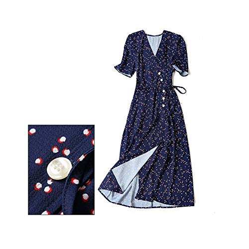 WOYBAOF Primavera y verano de las mujeres francés Retro con cuello en v estampado floral vestido delgado de manga corta estilo de la fama hinchable cómodo elegante ocio (Color : Azul, Size : L)