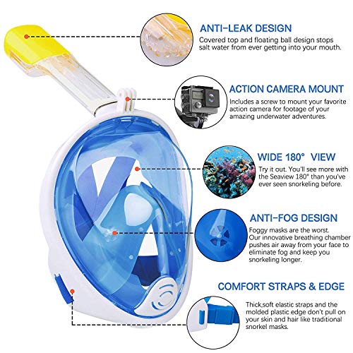 Wsobue Máscara de Buceo, Gafas Snorkel 180° Panorámica Vista Anti-Niebla Apoyo Camara Deportiva, Anti-Fugas Máscara de Snorkel para Adultos y niños (Azul S/M)