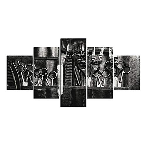 Wwjwf Cuadro En Lienzo Herramienta De Peluquería Imagen Decoración De Salón En Blanco Y Negro 5 Paneles Arte De Pared para Sala De Estar Impresión Cartel 30X50 30X70 30X80Cm Sin Marco