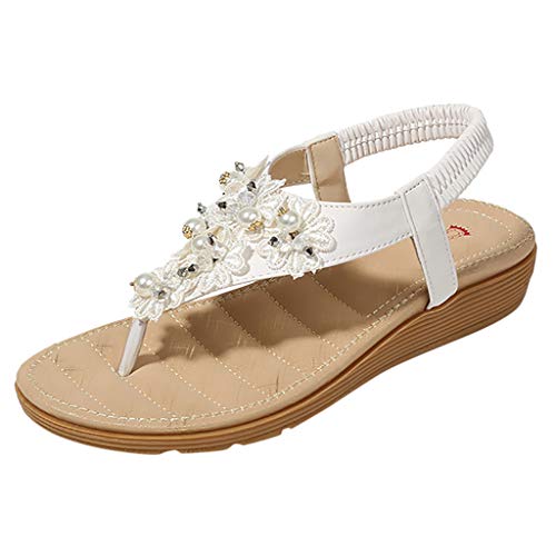 wyxhkj Sandalias Bohemia Verano Mujer Sandalias Playa Bohemia con Cuentas sandalias Planos de Dedo del pie sandalias de banda elástica Zapatos Casuales Chanclas de Mujer