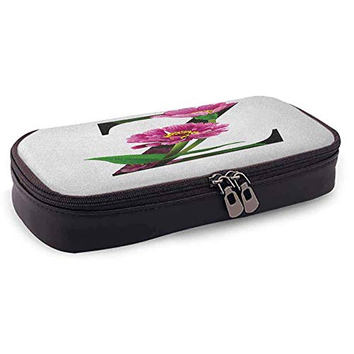 XCNGG Estuche de papelería para lápiz con letra Z, pétalos de zinnia morados, tallos, hojas y letra Z, alfabeto inspirado en la naturaleza para bolígrafos, lápices, resaltadores, marcadores de bolígra