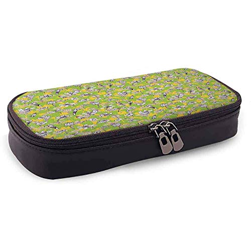 XCNGG Estuche para lápices de cuero floral, patrón de estilo de dibujo lineal Hierbas y flores Campo botánico en flor completa Estuche de tamaño perfecto para artículos de papelería y utensilios de ar