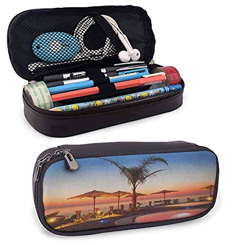 XCNGG Estuche para lápices de cuero retro con paisaje, horario de verano, lugar de resort, mar al atardecer, caribe, cálido, tranquilo, relajante, foto para organización de marcadores, útiles escolare