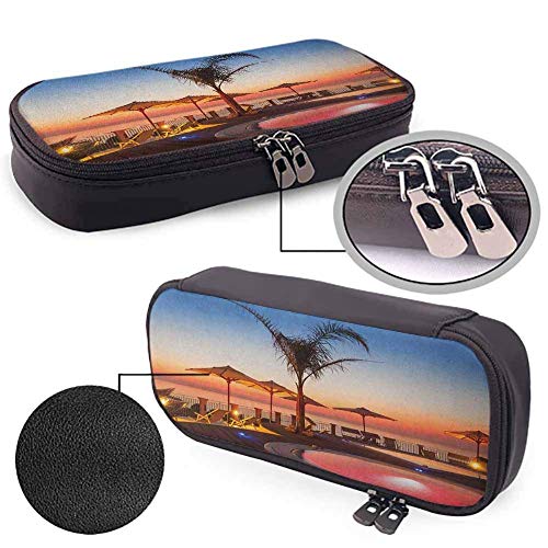 XCNGG Estuche para lápices de cuero retro con paisaje, horario de verano, lugar de resort, mar al atardecer, caribe, cálido, tranquilo, relajante, foto para organización de marcadores, útiles escolare