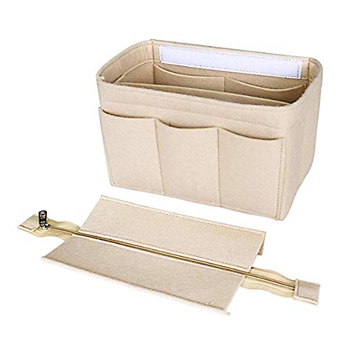 XGzhsa Organizador de bolsos de fieltro, bolso cosmético de fieltro, inserto de bolso cosmético con cremallera Monedero de fieltro de gran capacidad para cosméticos, carteras y más (beige)