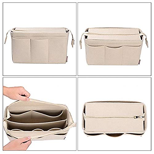 XGzhsa Organizador de bolsos de fieltro, bolso cosmético de fieltro, inserto de bolso cosmético con cremallera Monedero de fieltro de gran capacidad para cosméticos, carteras y más (beige)