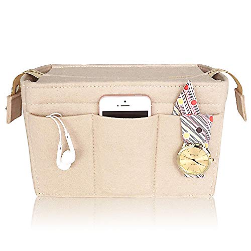 XGzhsa Organizador de bolsos de fieltro, bolso cosmético de fieltro, inserto de bolso cosmético con cremallera Monedero de fieltro de gran capacidad para cosméticos, carteras y más (beige)