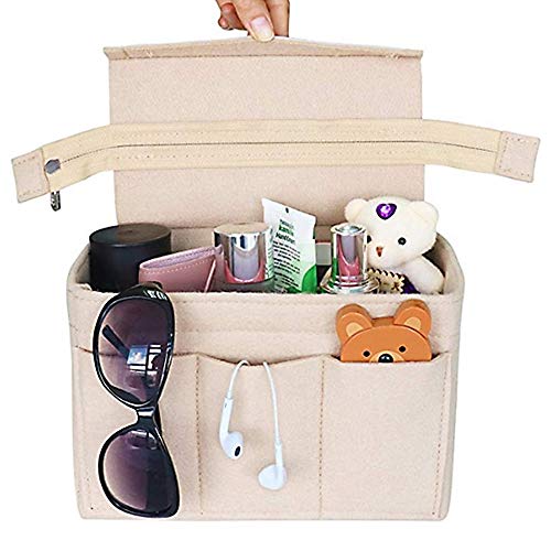 XGzhsa Organizador de bolsos de fieltro, bolso cosmético de fieltro, inserto de bolso cosmético con cremallera Monedero de fieltro de gran capacidad para cosméticos, carteras y más (beige)