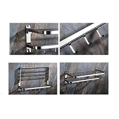 XIAJIA-Doble Barra de Toalla,Estante de almacenamiento plegable montado en la pared con 5 ganchos,58cm x 24cm x 19.5cm,SUS 304 Acero inoxidable ,90 grados de rotación,Impermeable Completo (Plata)