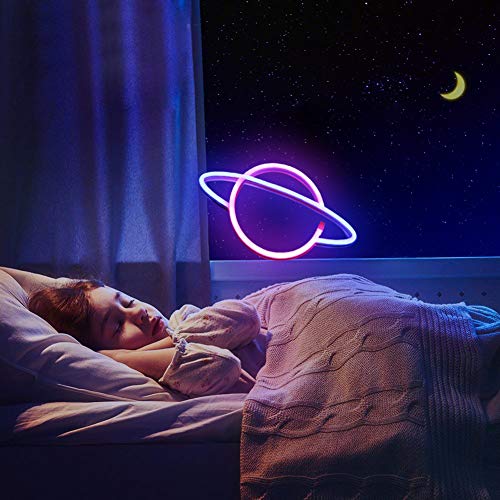 XIYUNTE Planet luz de neón Señales luminosas LED Planeta señales de neón Iluminación de ambiente rosado/azul Planeta Iluminación de interior decoración para el dormitorio infantil, bar, navideña
