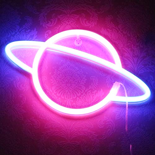 XIYUNTE Planet luz de neón Señales luminosas LED Planeta señales de neón Iluminación de ambiente rosado/azul Planeta Iluminación de interior decoración para el dormitorio infantil, bar, navideña