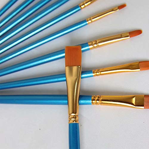 XiZiMi 10 piezas Punta redonda punta Nylon Hair Artist Detail Pinceles Pinceles de acuarela de aceite acrílico fino profesional Juego de pinceles Azul para cara Nail Body Art Craft Modelo Pintura en