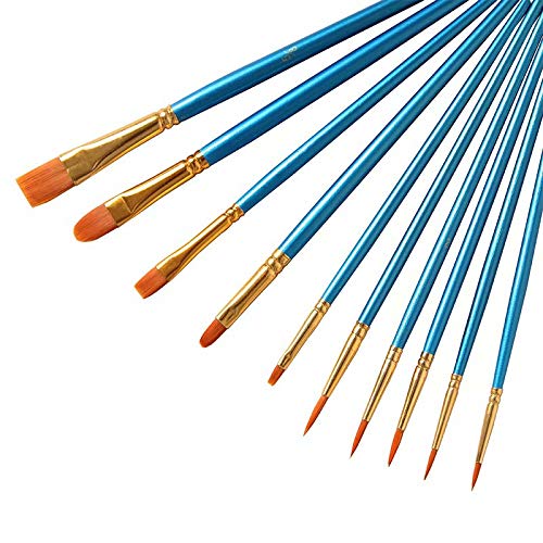 XiZiMi 10 piezas Punta redonda punta Nylon Hair Artist Detail Pinceles Pinceles de acuarela de aceite acrílico fino profesional Juego de pinceles Azul para cara Nail Body Art Craft Modelo Pintura en