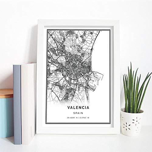 XLXZZ Póster de Mapa de Valencia, impresión en Blanco y Negro, Ciudad de España, Calle, Mapa de Viaje, Pintura artística, Cuadro de Arte de Pared, decoración del hogar-40x60cmx1 pcs sin Marco