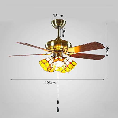 XMAGG Ventilador de Techo con Luz, 4 Aspas de Madera y 3 Velocidades, Silencioso, 106 cm de Diámetro, 4 E27 Tiffany Pantalla de Cristal, Interruptor de Cordón