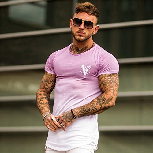 XuanhaFU Camisetas de Manga Corta Hombre,Gradiente de Hombres de Moda de Cuello Redondo Elíptico Hem Elastic Casual Fitness Camiseta de Manga Corta Top (Rosa,M)