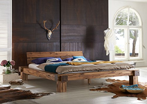 XXS® Elke - Cama de viga de 180 x 200 cm en color marrón cálido, cama de diseño natural, pieza única por corteza de viento, aspecto de roble de viga de madera de acacia para su dormitorio