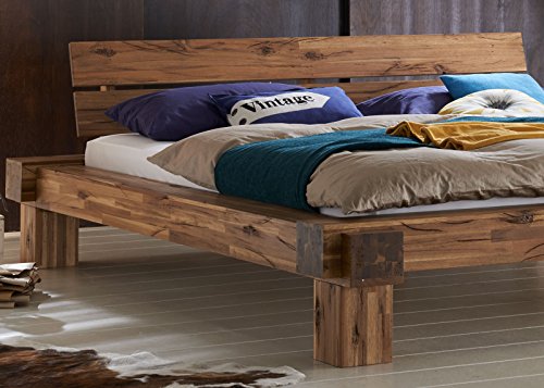 XXS® Elke - Cama de viga de 180 x 200 cm en color marrón cálido, cama de diseño natural, pieza única por corteza de viento, aspecto de roble de viga de madera de acacia para su dormitorio