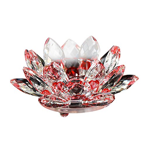 YA-Uzeun - Portavelas de cristal con forma de flor de loto, portavelas para velas de té, estilo budista. 7 colores, cristal, rosso