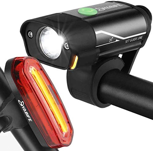 Yabife Luces Bicicleta Delantera y Trasera Linterna Bicicleta Impermeable, Multifunción Luz LED Bicicleta Recargable USB con 5 Modos para Carretera y Montaña - Seguridad para la Noche