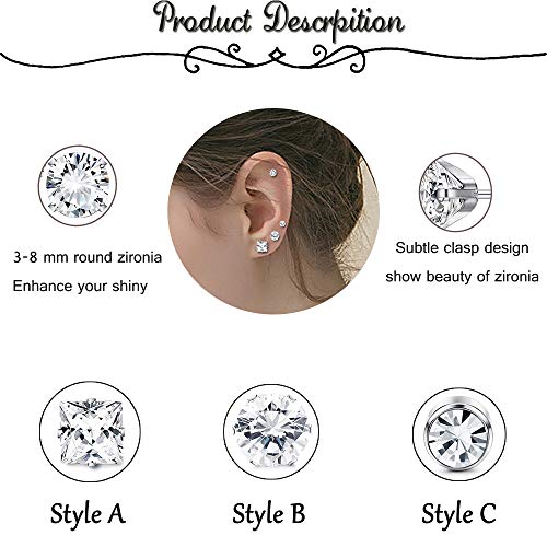 YADOCA 18 Pares Plata Pendientes Mujer Hombre Set Pendientes Circoniña De Acero Inoxidable Hipoalergénico Pendientes Brillantes Diamante Pendiente De Cartílago Helix Piercing 3-8mm