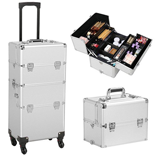 Yaheetech 3 en 1 Maleta de Maquillaje Estuche Cosmetico Maletín Maquillaje Profesional Trolley Beauty Case Plata