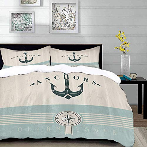 Yaoni Bedding Juego de Funda de Edredón - Océano, Ancla náutica, Marinero, mar, direcciones, Tema Antiguo, Cielo Azul Verde,/Microfibra Funda de Nórdico y Fundas de Almohada - (Cama 150 x 200cm)