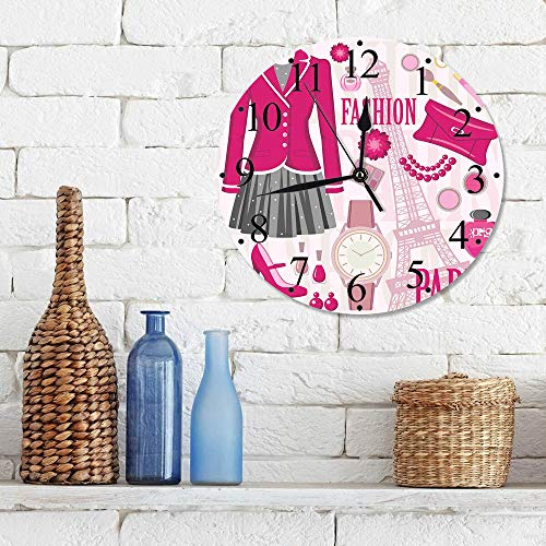 Yaoni Silencioso Wall Clock Decoración de hogar de Reloj de Redondo,Moda, Tema de Moda en París con atuendos Vestido Reloj Monedero Perfume Parisienne Landmark,para Hogar, Sala de Estar, el Aula