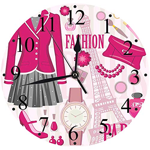 Yaoni Silencioso Wall Clock Decoración de hogar de Reloj de Redondo,Moda, Tema de Moda en París con atuendos Vestido Reloj Monedero Perfume Parisienne Landmark,para Hogar, Sala de Estar, el Aula