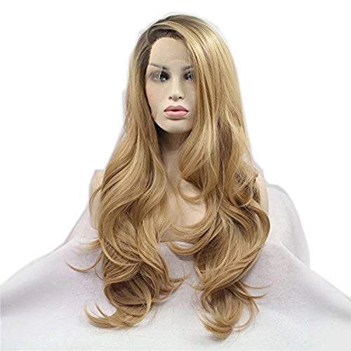 Yaunli Peluca de fantasía de belleza larga natural ondulado marrón rubio sintético encaje frontal parte lateral resistente al calor peluca para mujer, dorado, talla única