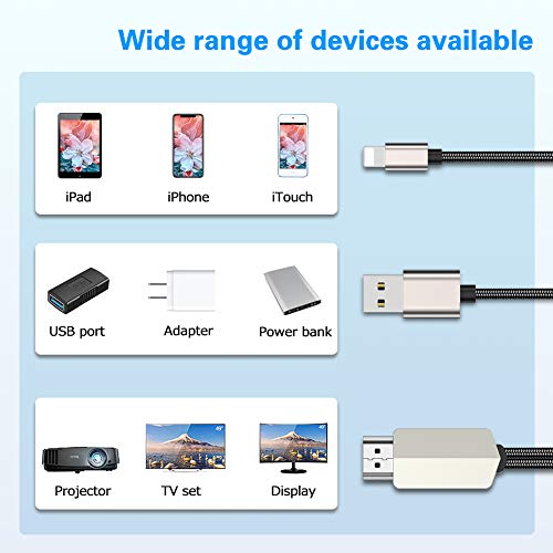 YEHUA Adaptador de Phone a HDMI Adaptador AV Digital 1080P HDTV HDMI Cable para Teléfono XS/XSmax/XR/X / 8/7/6 / Plus iPad iPod a TV -6ft