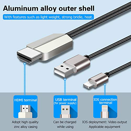 YEHUA Adaptador de Phone a HDMI Adaptador AV Digital 1080P HDTV HDMI Cable para Teléfono XS/XSmax/XR/X / 8/7/6 / Plus iPad iPod a TV -6ft