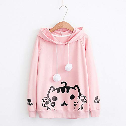 Yesmile Mujer CamisetasLas Mujeres Camisa La Sudadera con Capucha Hairball de la impresión del Gato de la Manga Larga Ocasional del otoño de Las Mujeres