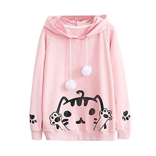 Yesmile Mujer CamisetasLas Mujeres Camisa La Sudadera con Capucha Hairball de la impresión del Gato de la Manga Larga Ocasional del otoño de Las Mujeres
