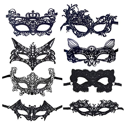 YGSAT 8 Piezas Máscara de Encaje Mascarada Veneciano Antifaz Máscara de Mujeres para Halloween Veneciano Carnaval Fiesta de Baile Atractiva Lady Niña de Encaje Máscara De Ojo de Encaje Máscara, Negro