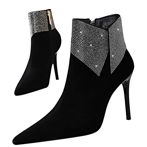 Yhjmdp Botines con Punta de Gamuza para Mujer, Tacones de Aguja, con Diamantes de imitación, Bota de Fiesta Sexis para Mujer,A,39