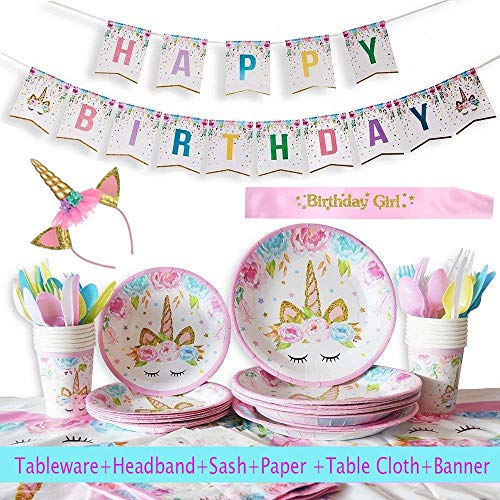 YiRAN 116 Piezas–Vajilla Diseño de Unicornio Desechable–Accesorio de Decoración de Fiesta de Cumpleaños–Pancarta,Platos, Vasos, Vajilla, Servilletas y Mantel Resistente – 16 Invitados